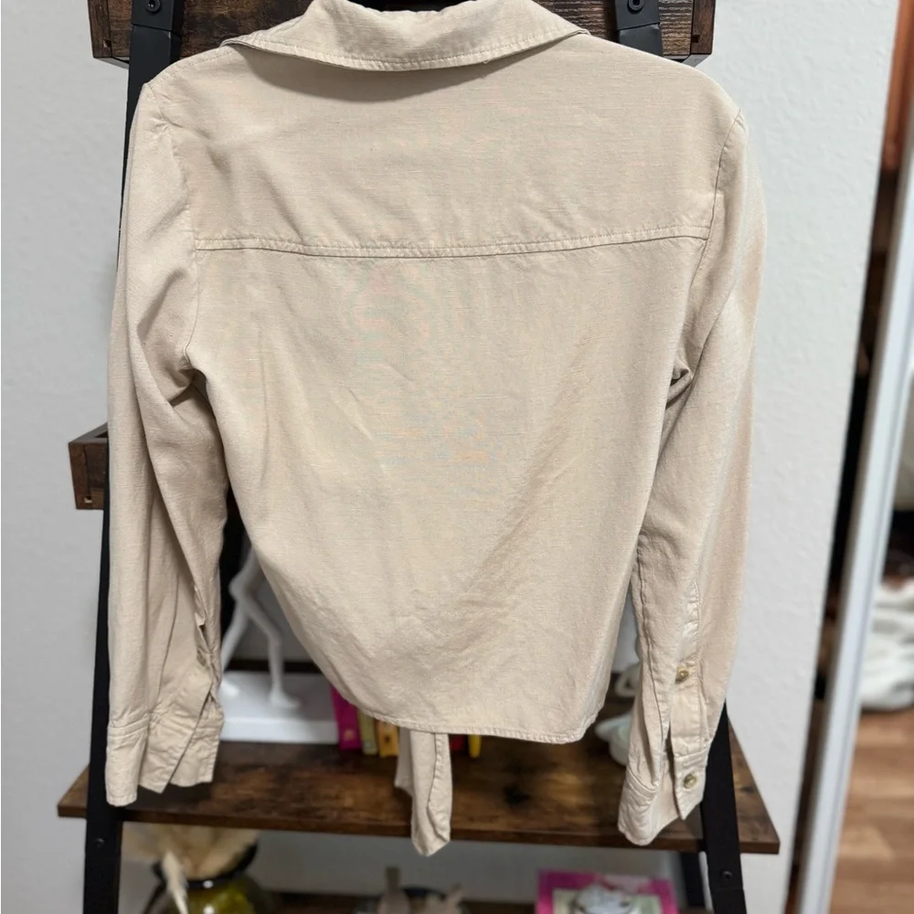 Bar III Beige Tie-Front Long Sleeve Top - Picture 3 of 6